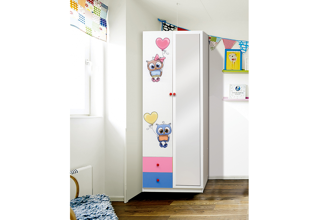 Шкаф 2-х дверный комбинированный с ящиками, зеркалом и фотопечатью Совята 2.2